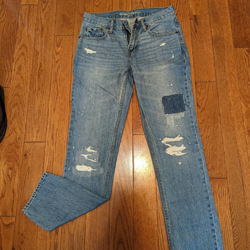 Old Navy Distressed Slim Etroit Straight Leg Jeans Ripped Patch Denim Pants